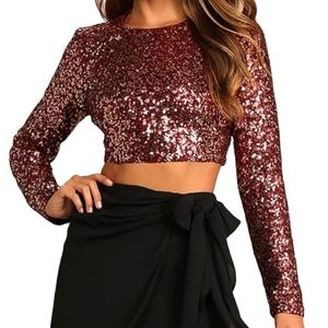 Lulu's wine and gold sequin back zip long sleeve cropped top size XS NWT